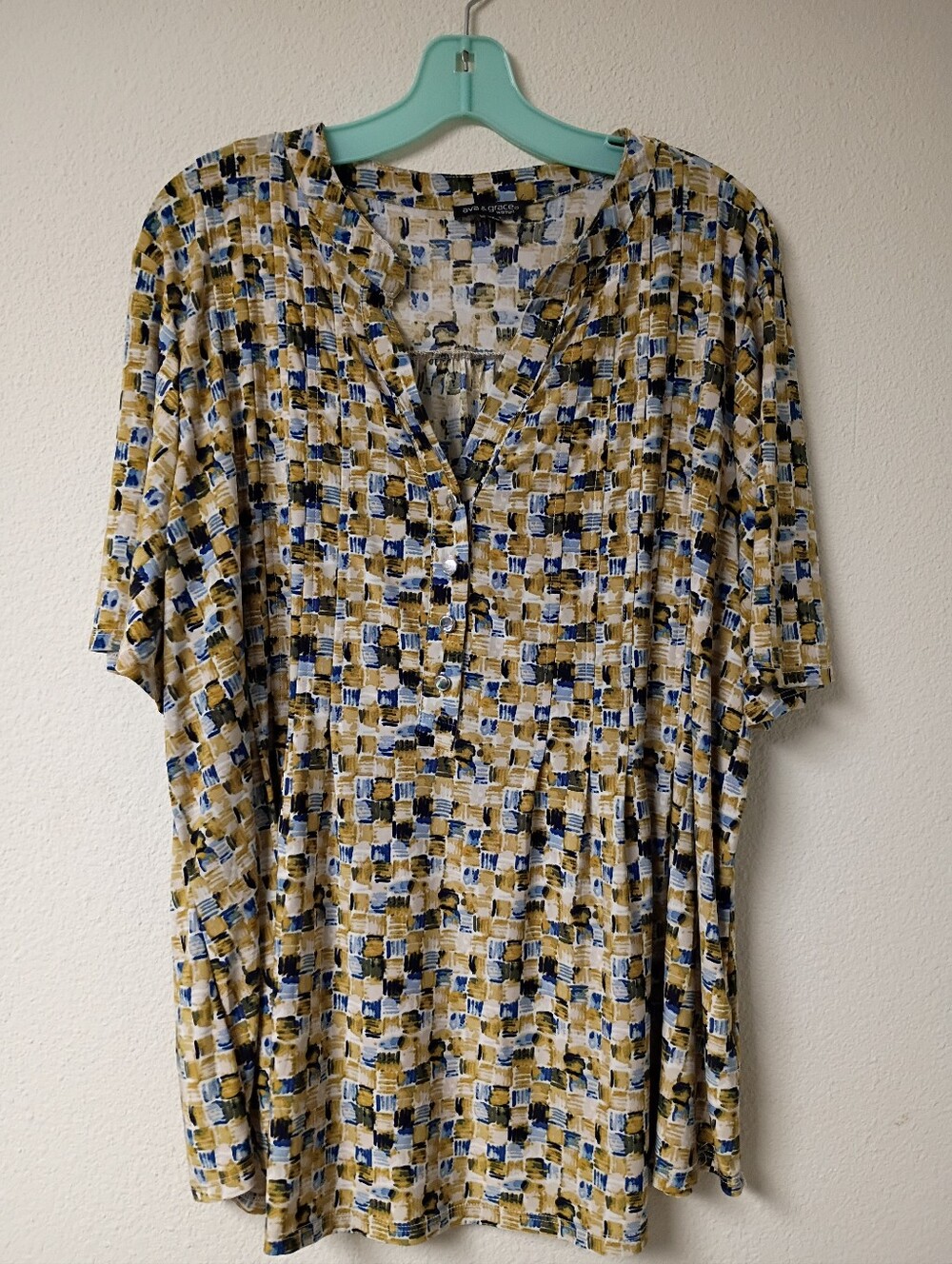Ava & Grace Short-Sleeve Button V-Neck Tunic - Mustard, Blue, Black Print